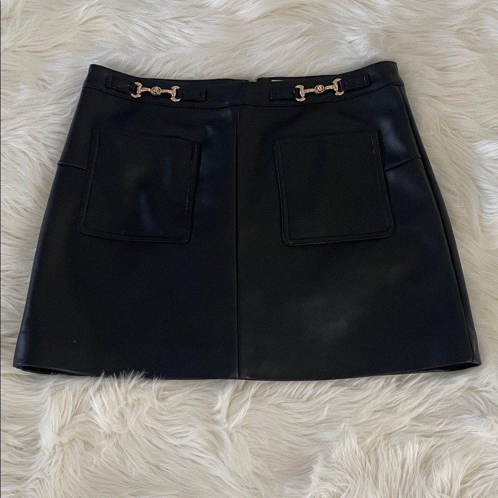 Black Faux Leather Mini Skirt with Gold Buckle Detail